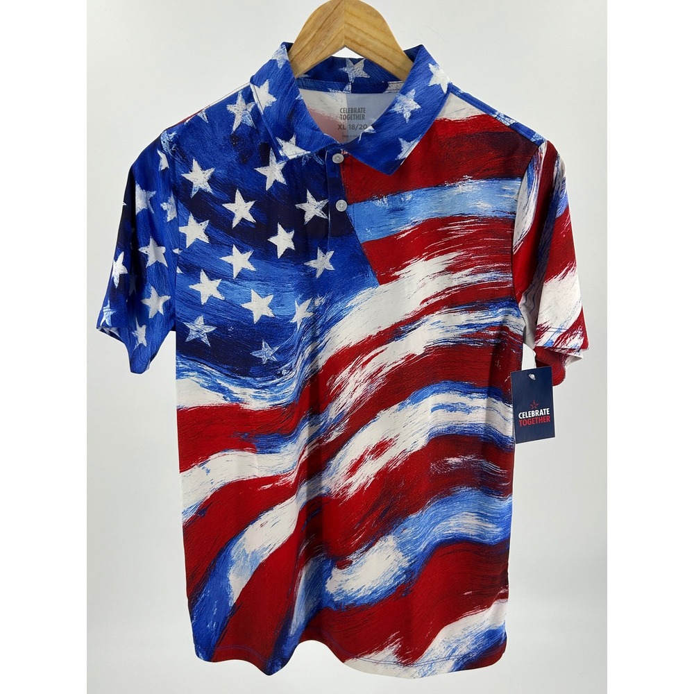 Celebrate Together Kids XL American Flag Polo Shirt Red White Blue Patriotic